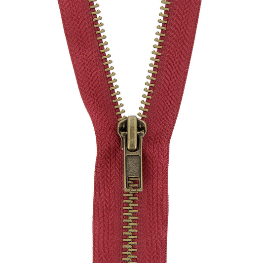 Red open-end jacket zip with brass teeth
