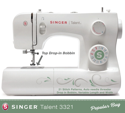 Singer Talent 3321 Sewing Machine - Drop in bobbin, traditional shape, auto threader, lovely spec mechanical machine - New 2025 model