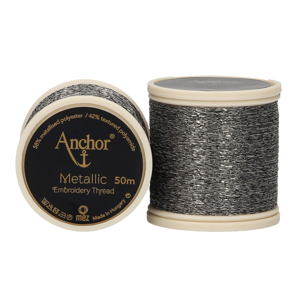 Spool of grey Anchor metallic embroidery thread