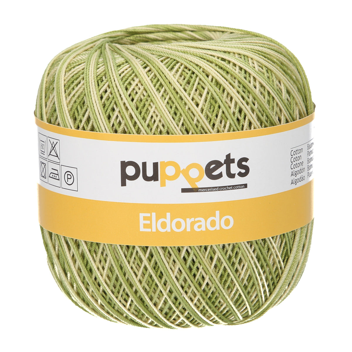 Ball of Puppets Eldorado variegated cotton crochet yarn in pale green