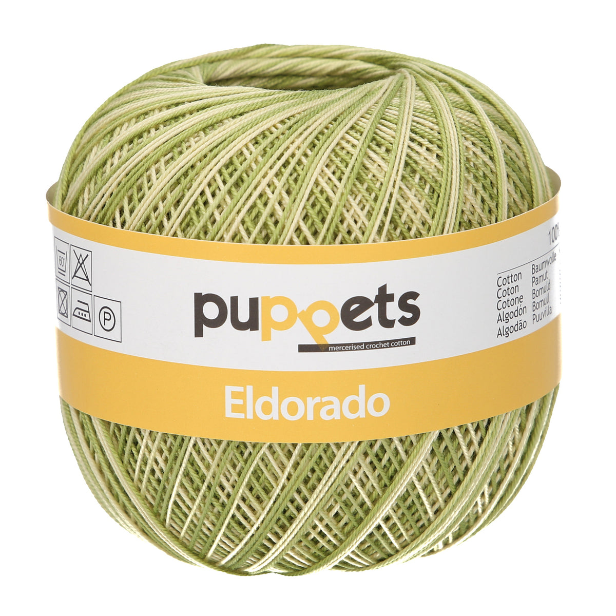 Ball of Puppets Eldorado variegated cotton crochet yarn in pale green