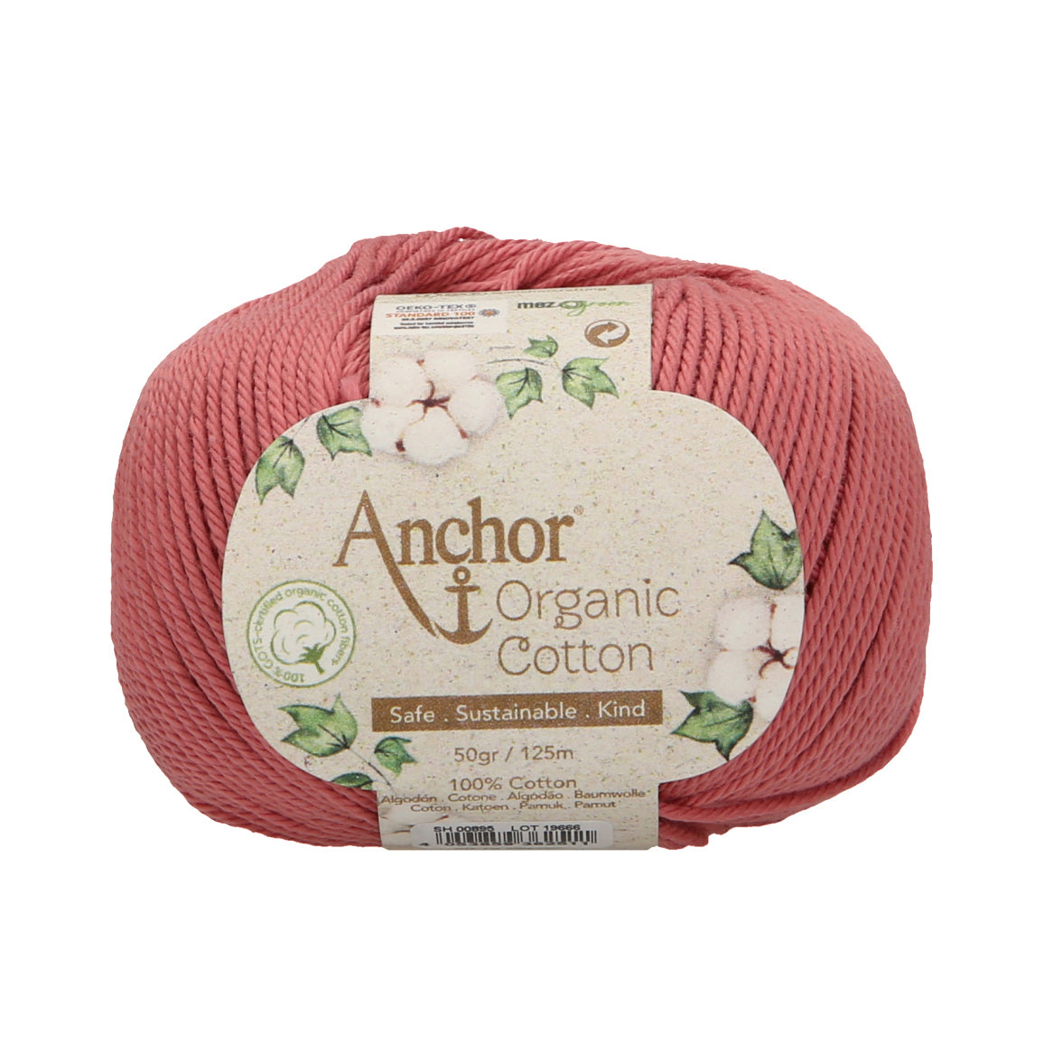 Ball of Anchor Organic Cotton yarn in a dusky vintage rose pink