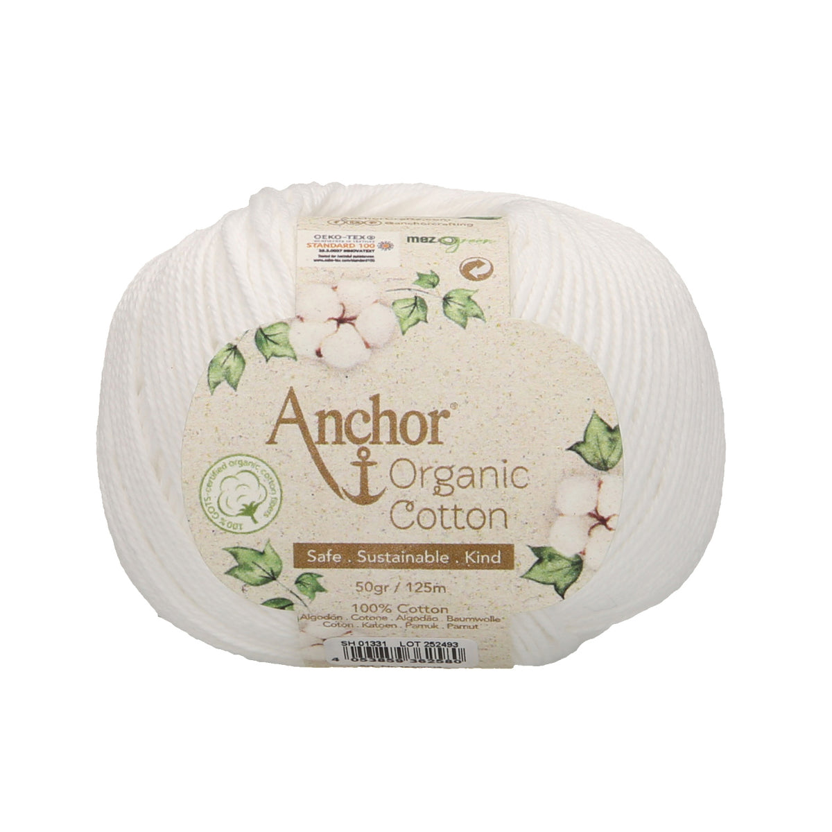 Ball of snowy white Anchor Organic Cotton yarn