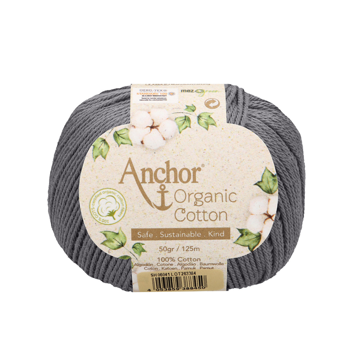 Ball of Anchor Organic Cotton yarn in dark graphite grey