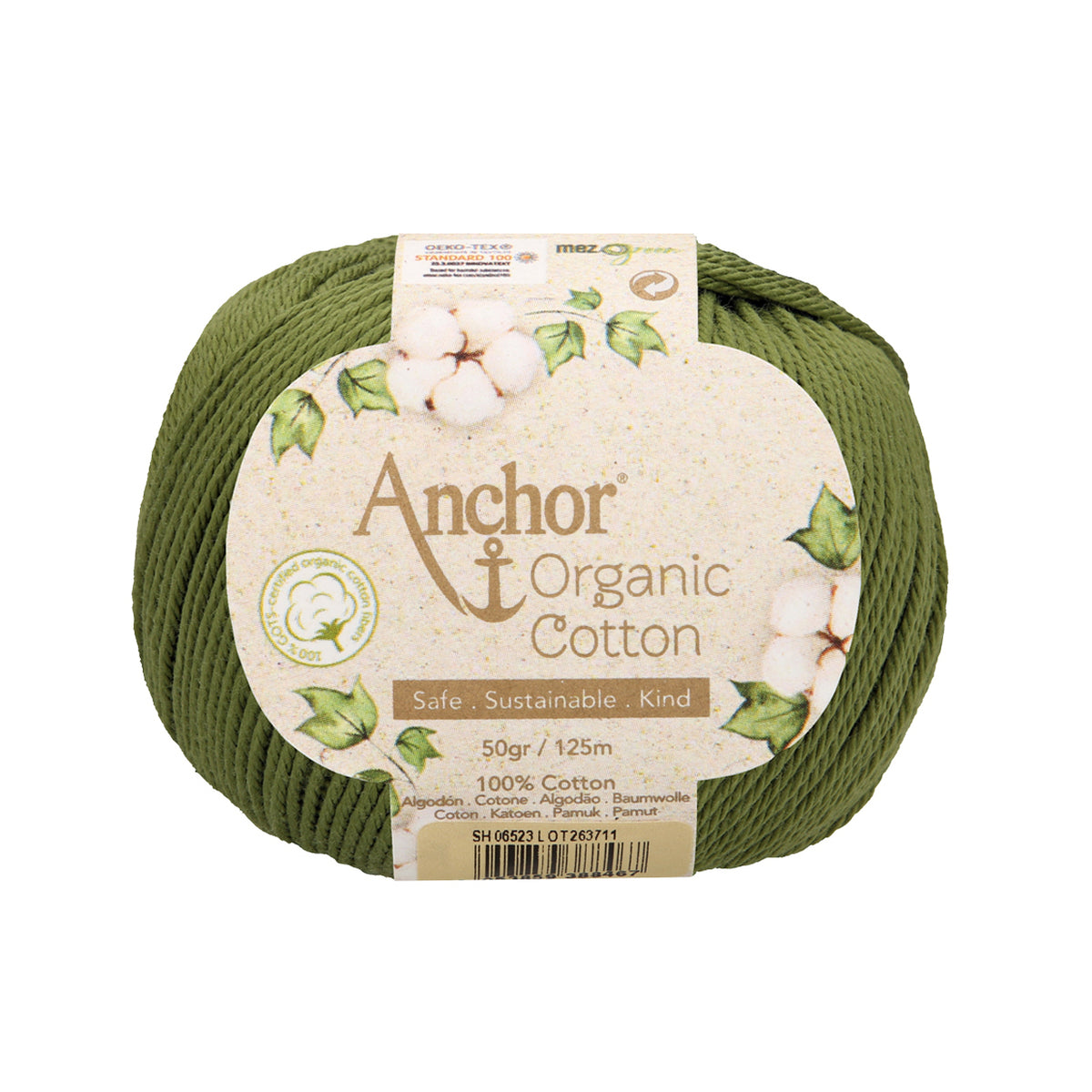 Ball of Anchor Organic Cotton yarn in moss green