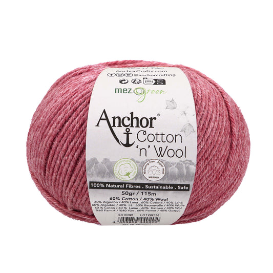 Ball of Anchor Cotton 'n' Wool 4 ply yarn in Pink Ruby