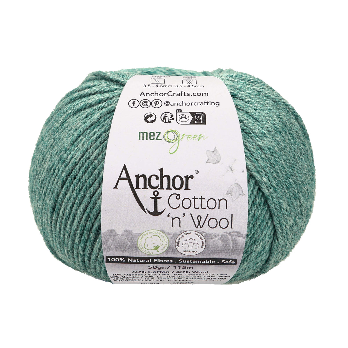 Ball of emerald Anchor Cotton 'n' Wool 4 ply yarn