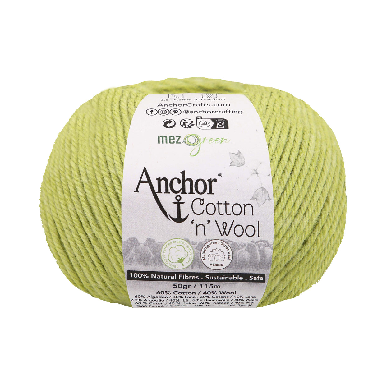 Ball of Anchor Cotton 'n' Wool 4 ply yarn in Peridot
