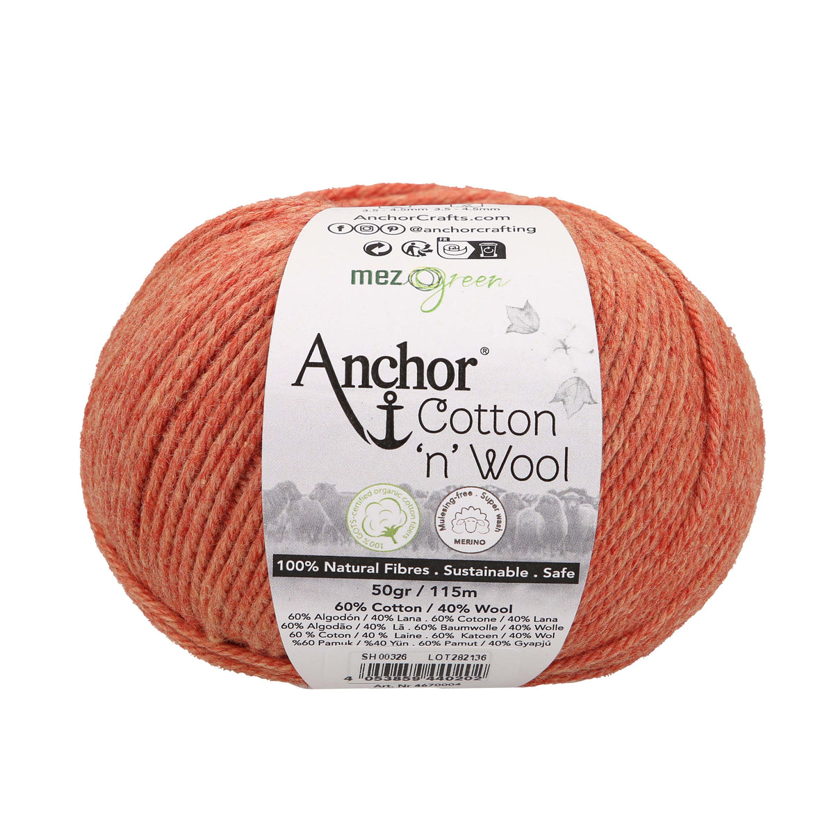 Ball of jasper Anchor Cotton 'n' Wool 4 ply yarn