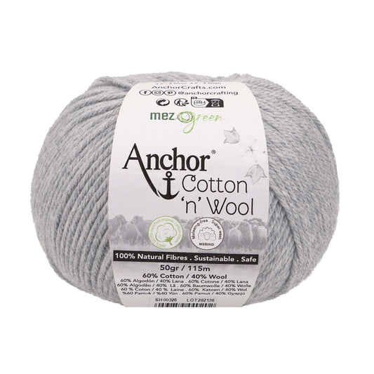 Ball of moonstone grey Anchor Cotton 'n' Wool 4 ply yarn