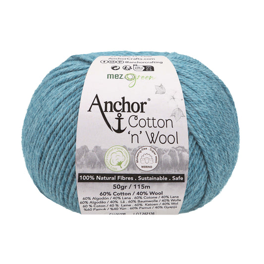 Ball of blue topaz Anchor Cotton 'n' Wool 4 ply yarn