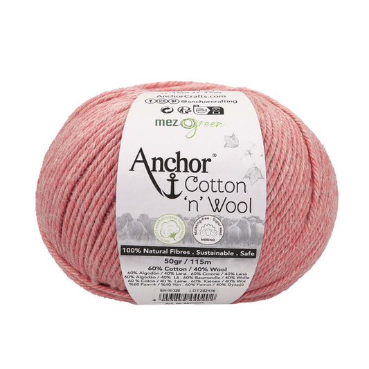 Ball of Anchor Cotton 'n' Wool 4 ply yarn in Pink Topaz