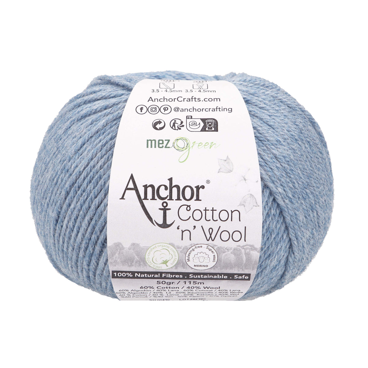 Ball of blue opal Anchor Cotton 'n' Wool 4 ply yarn