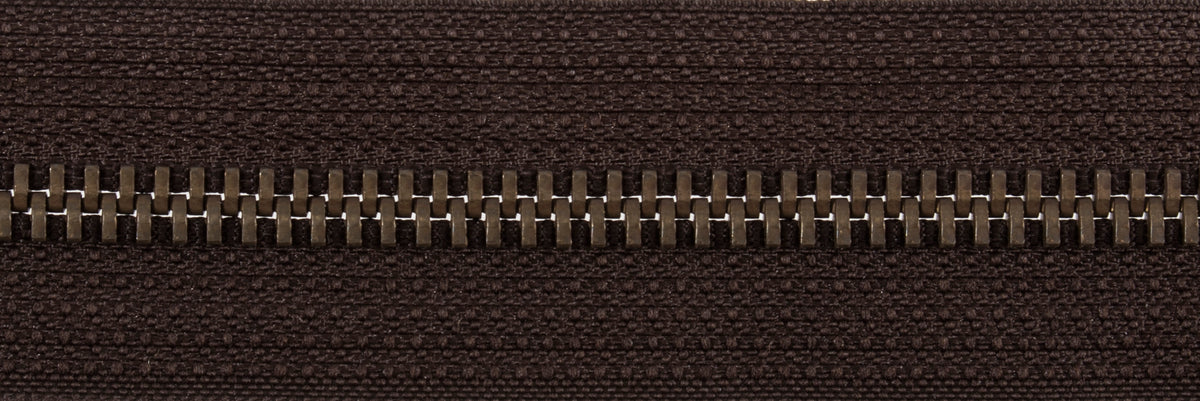 Dark brown open end zip with antique gold metal teeth