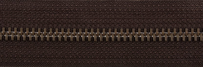 Dark brown open end zip with antique gold metal teeth