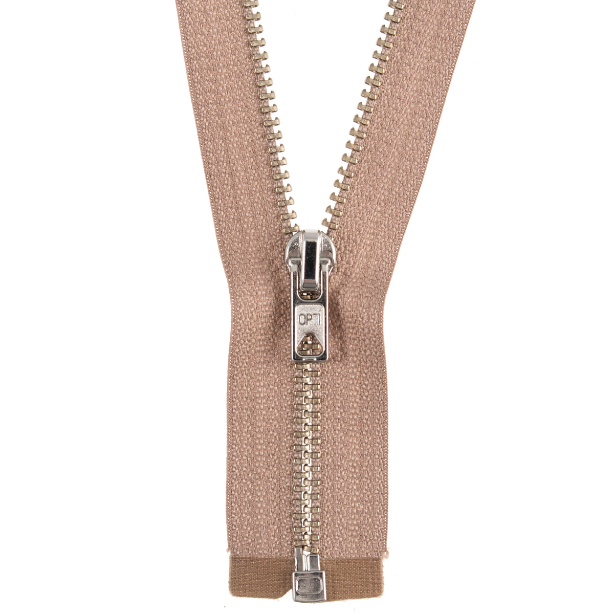 Beige open end jacket zip with silver metal teeth