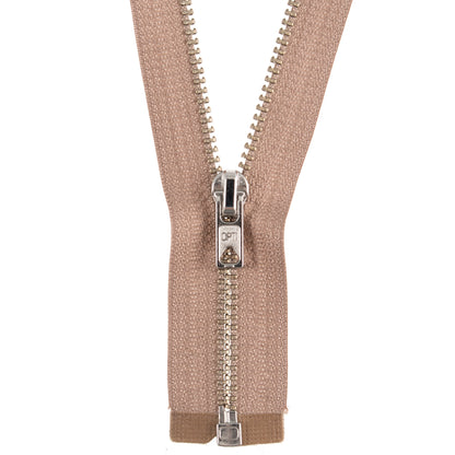 Beige open end jacket zip with silver metal teeth