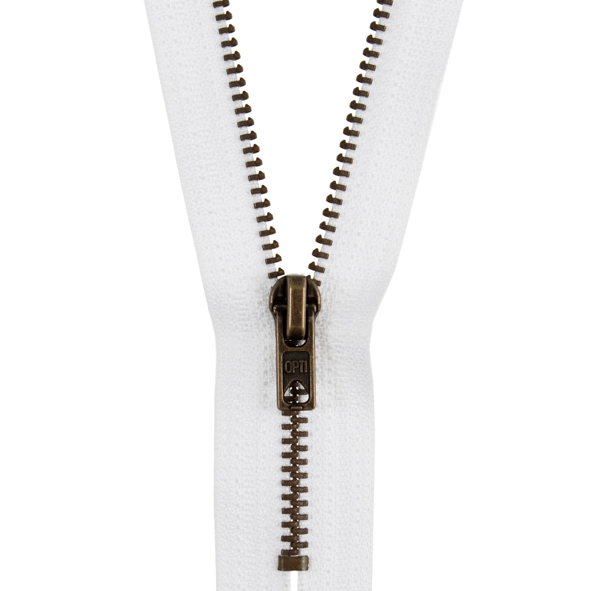 White closed end zip with antique gold metal teeth