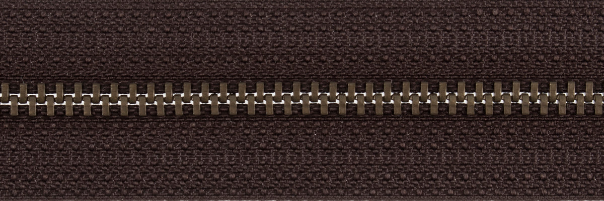 Dark Brown closed end zip with antique gold metal teeth