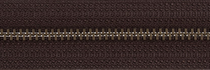 Dark Brown closed end zip with antique gold metal teeth
