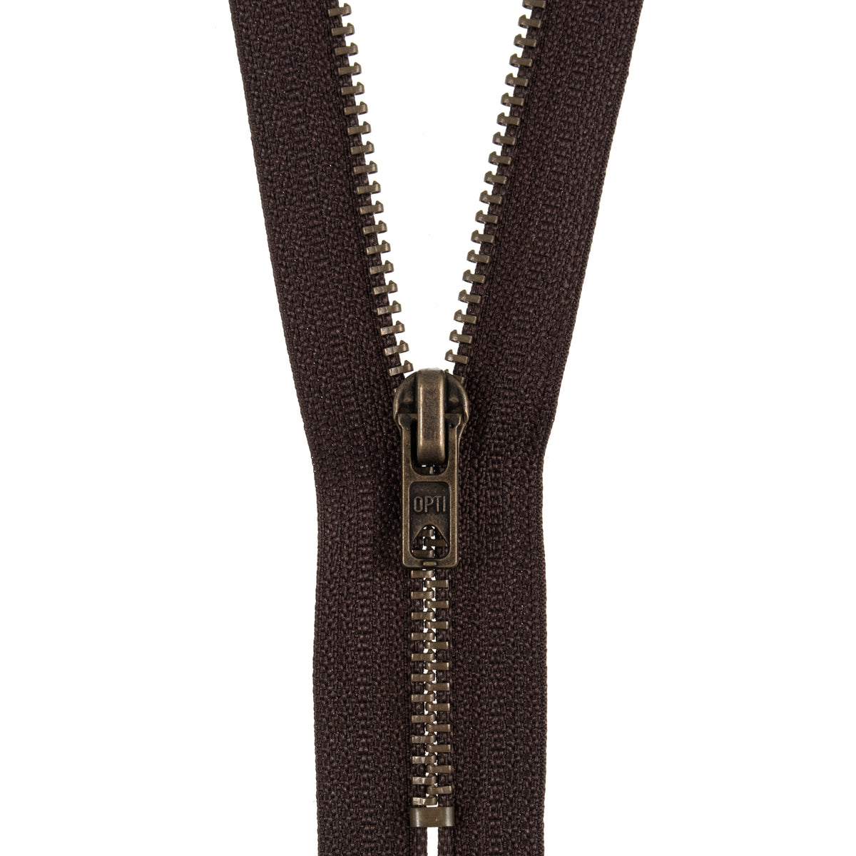 Dark Brown closed end zip with antique gold metal teeth