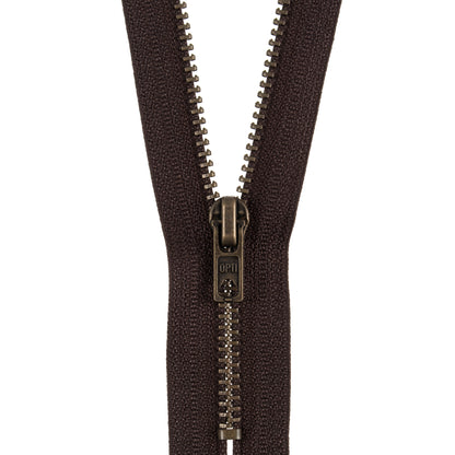 Dark Brown closed end zip with antique gold metal teeth
