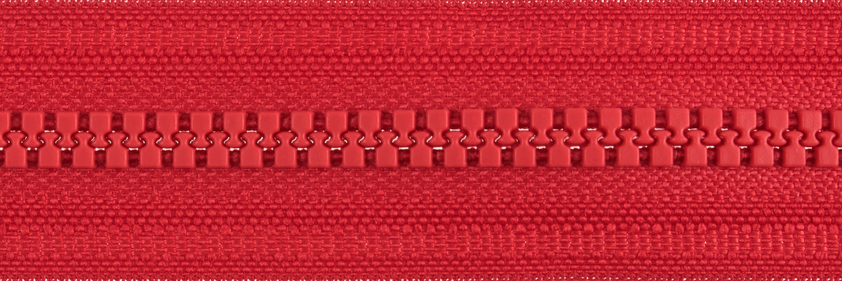 Red open end zip with chunky plastic teeth