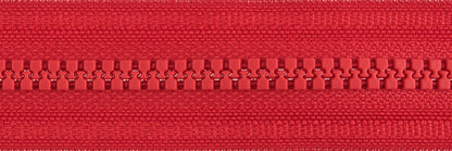 Red open end zip with chunky plastic teeth