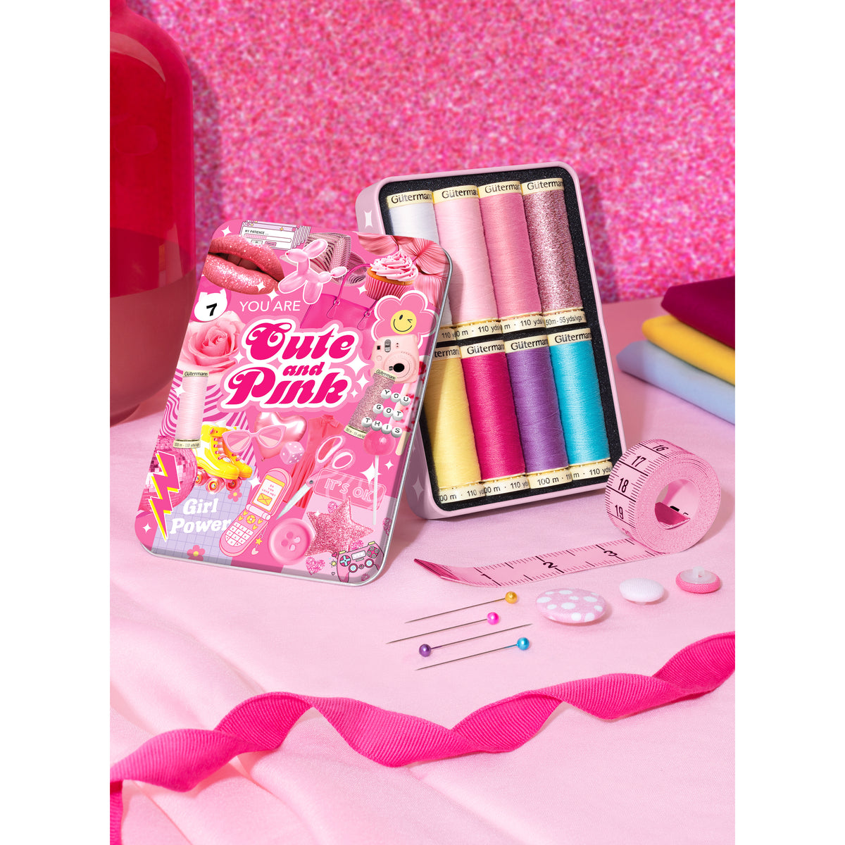 Pink Gutermann thread tin with spools of Sew-All thread