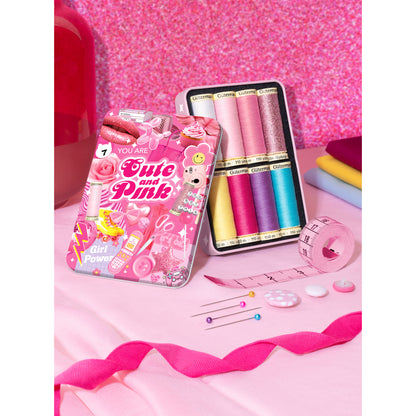 Pink Gutermann thread tin with spools of Sew-All thread