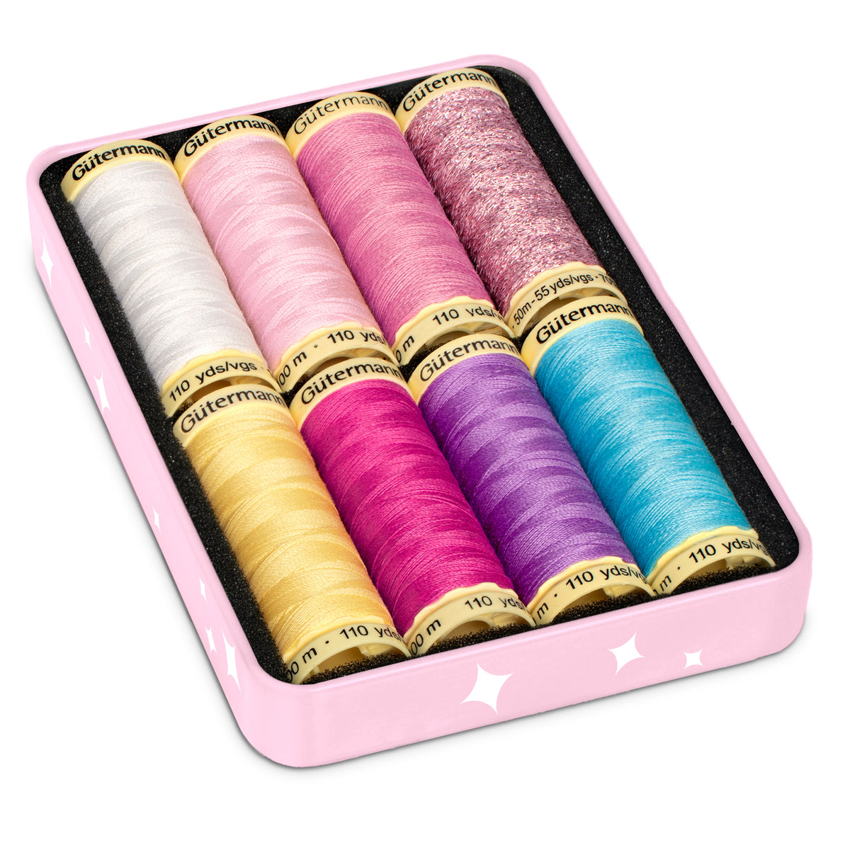 Pink Gutermann thread tin with spools of Sew-All thread