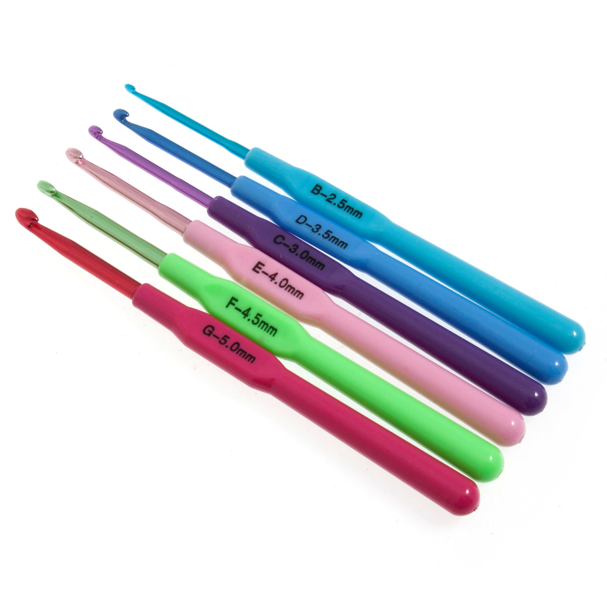 Set of six crochet hooks with coloured plastic handles