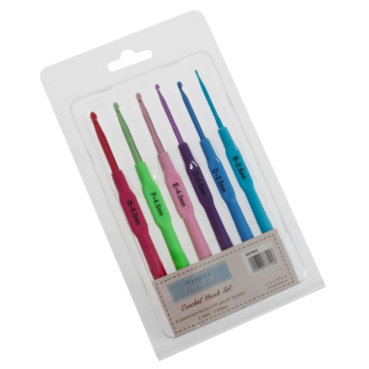 Set of six crochet hooks with coloured plastic handles