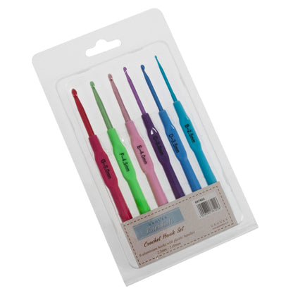 Set of six crochet hooks with coloured plastic handles