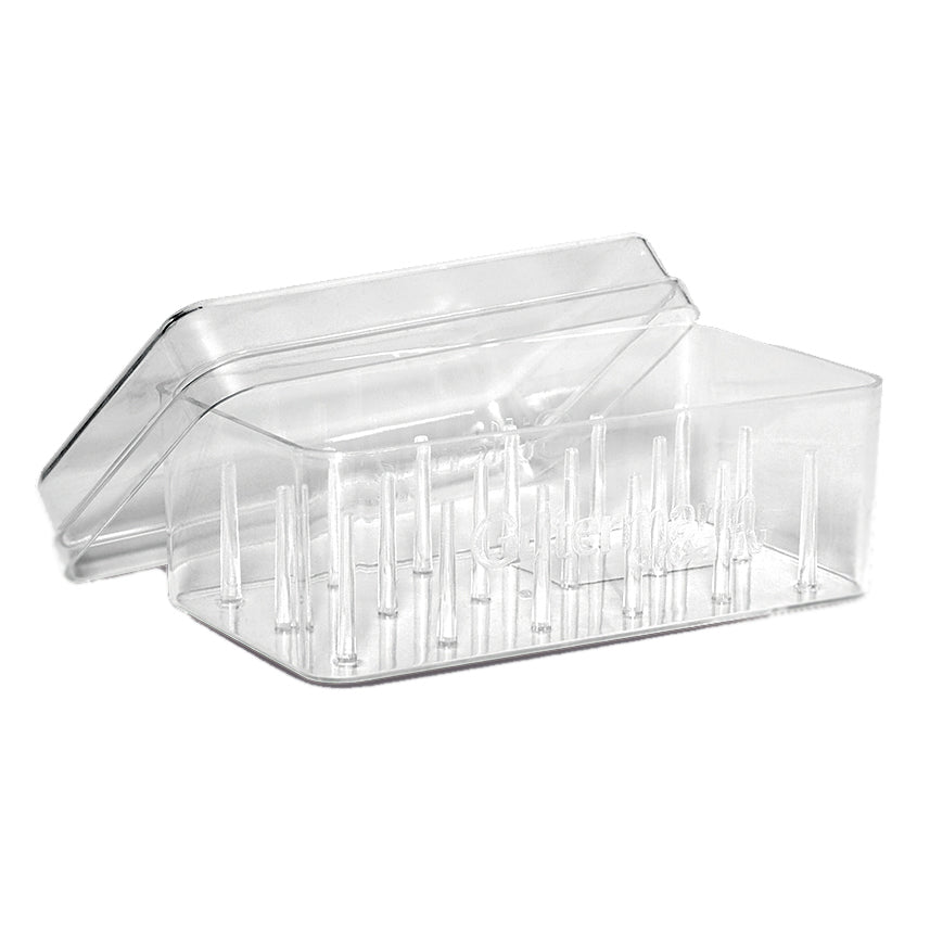 Gutermann clear acrylic thread box with lid holding spools of sewing thread