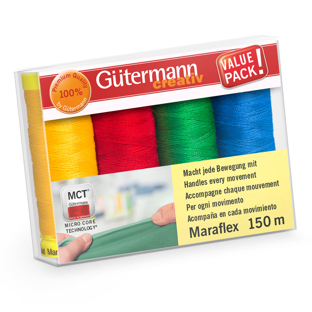 Gutermann Maraflex thread set with four bright spools in a box