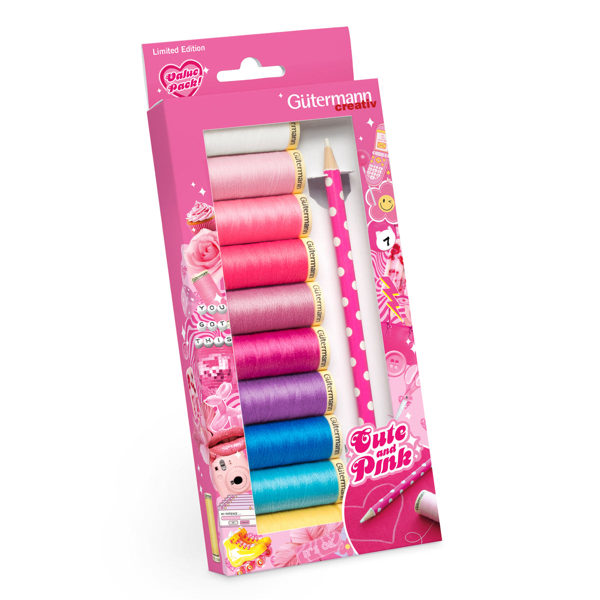 Gutermann Cute and Pink thread set with ten Sew-All spools and a marker pen