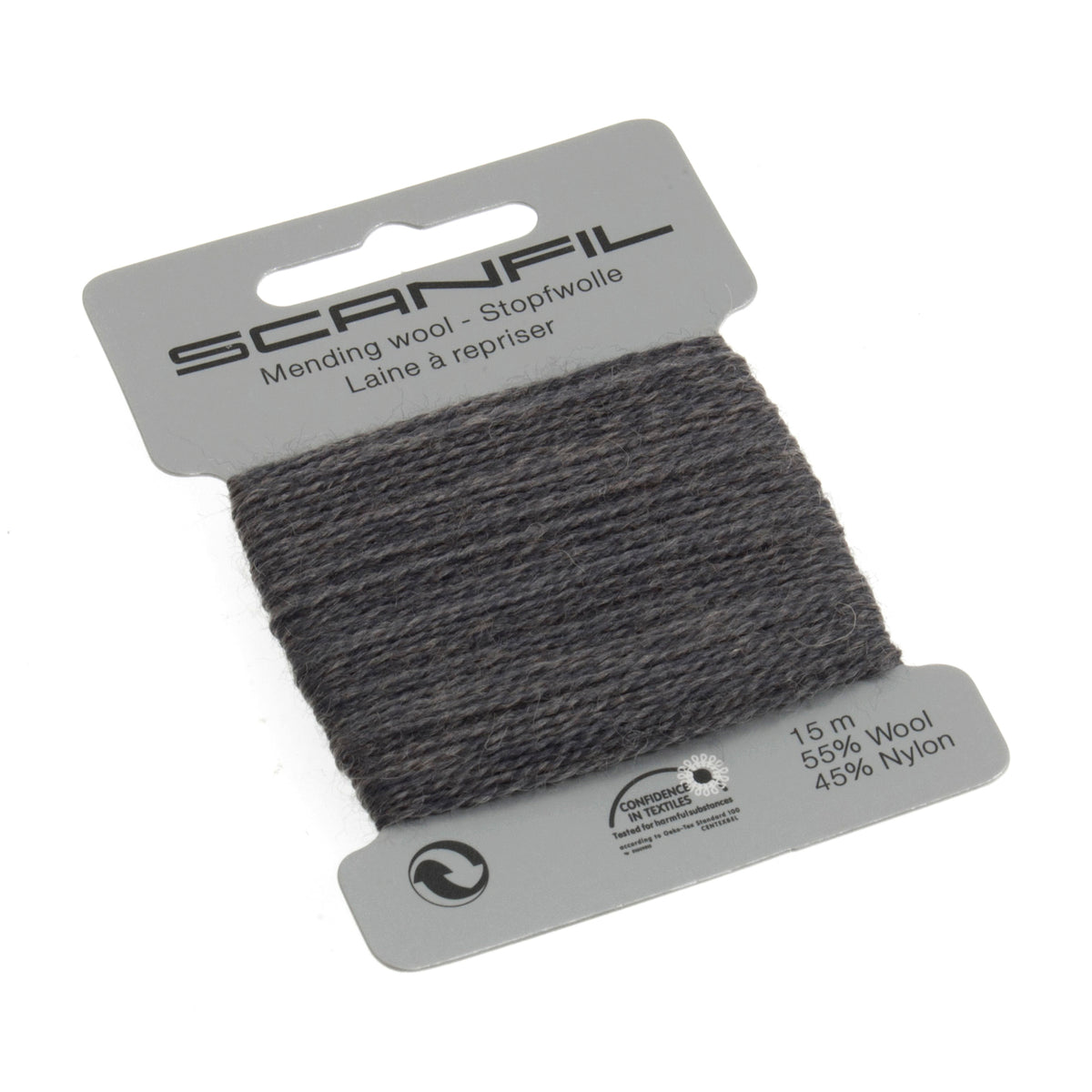 Card of Scanfil mending wool in charcoal
