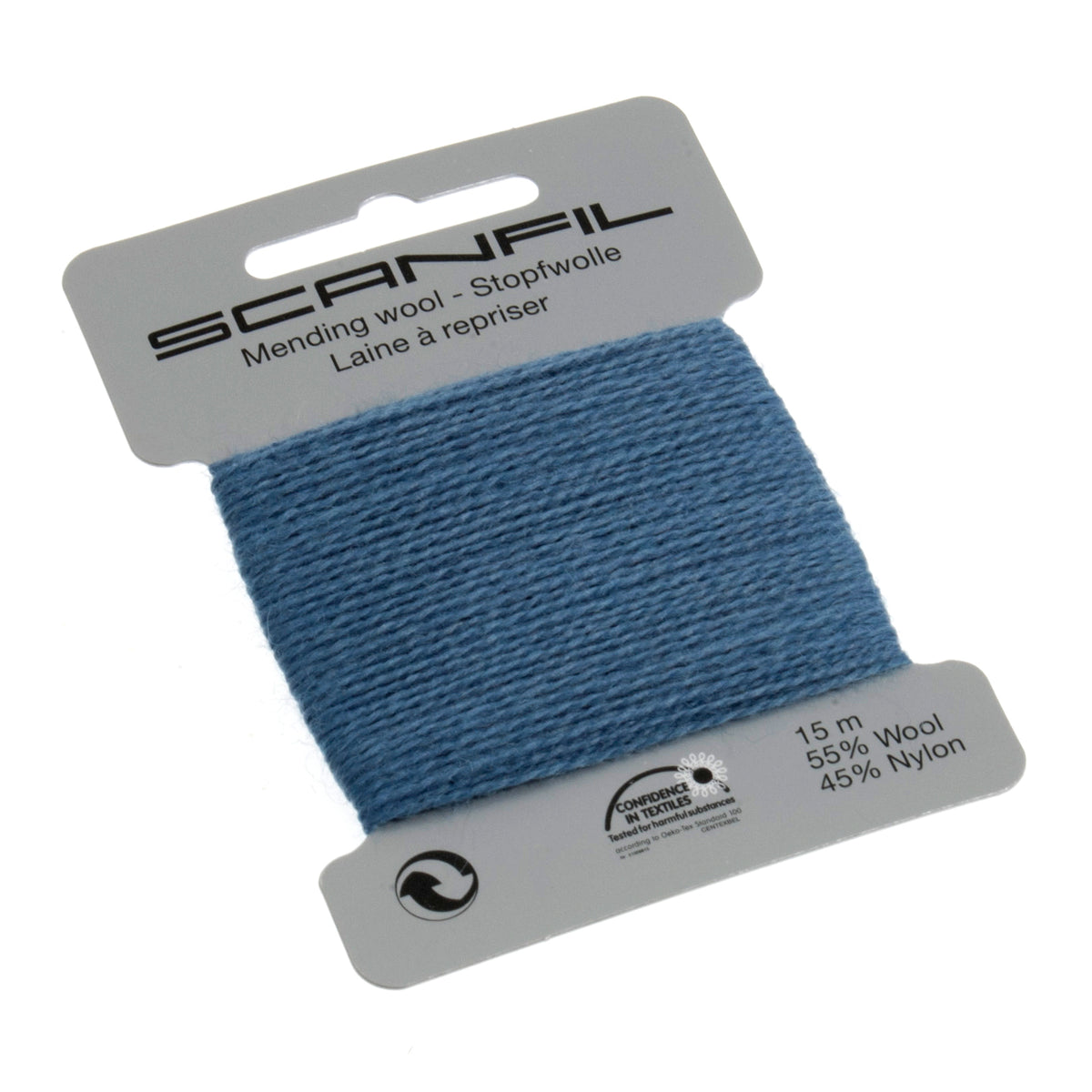 Card of Scanfil mending wool in steel blue