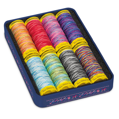 Gutermann metal tin holding 8 spools of Deco Stitch 70 thread