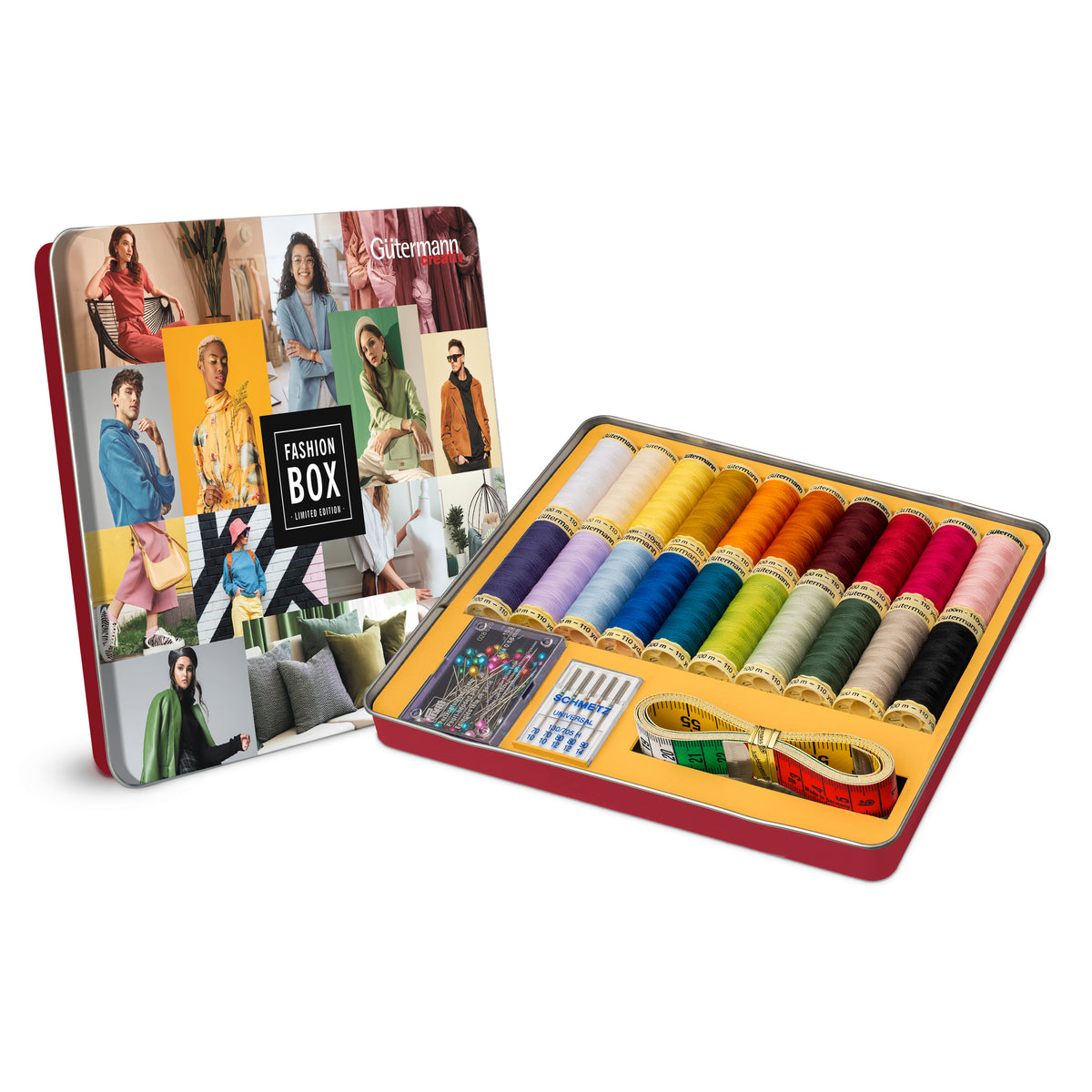 Gutermann thread storage tin with 20 Sew-All reels