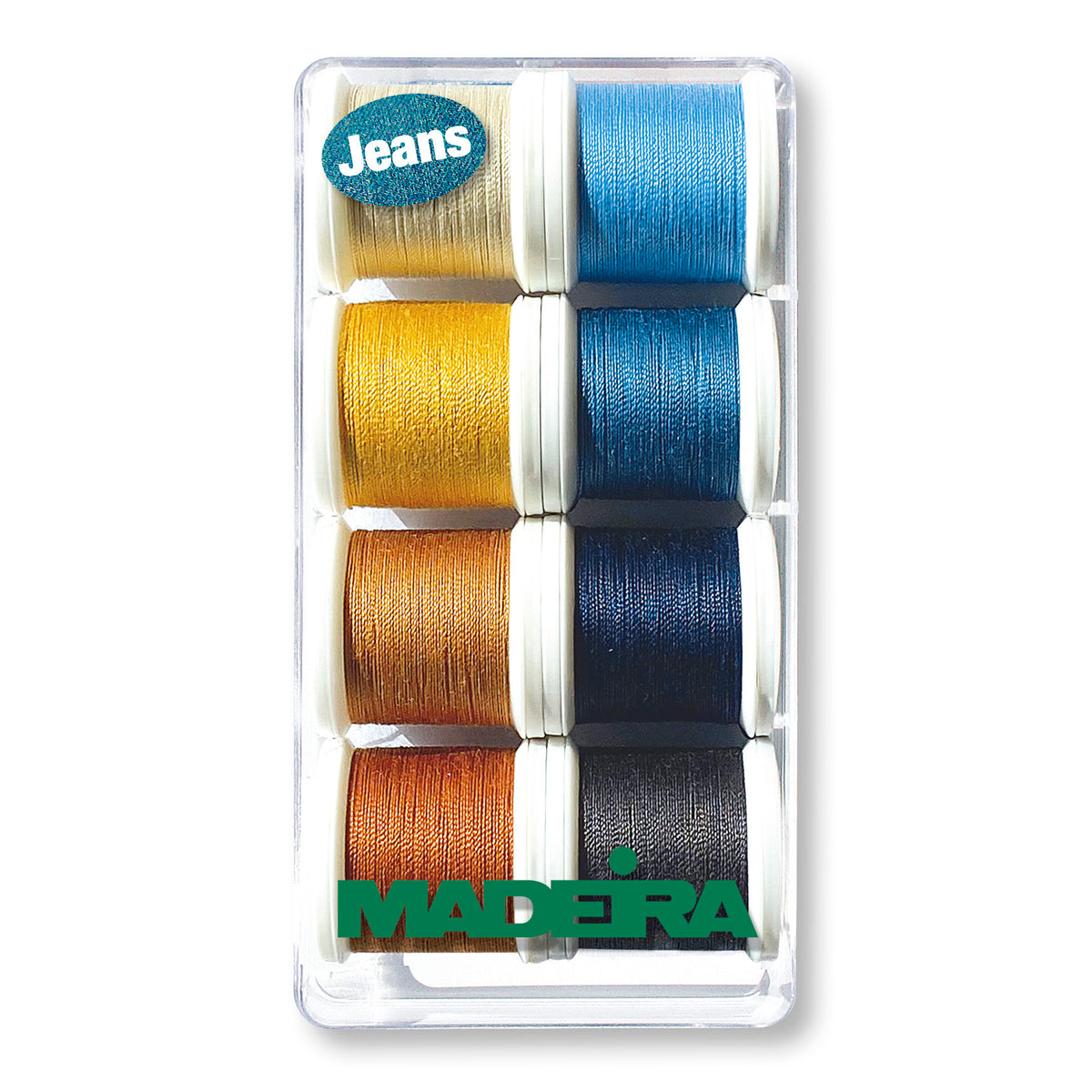 Madeira gift box of eight Aerofil No.35 thread spools in denim colours