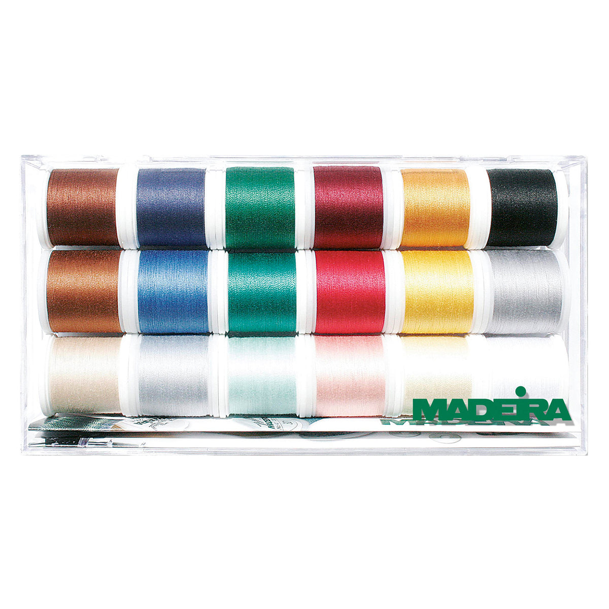 Clear box of eighteen Madeira Cotona No.30 cotton thread spools