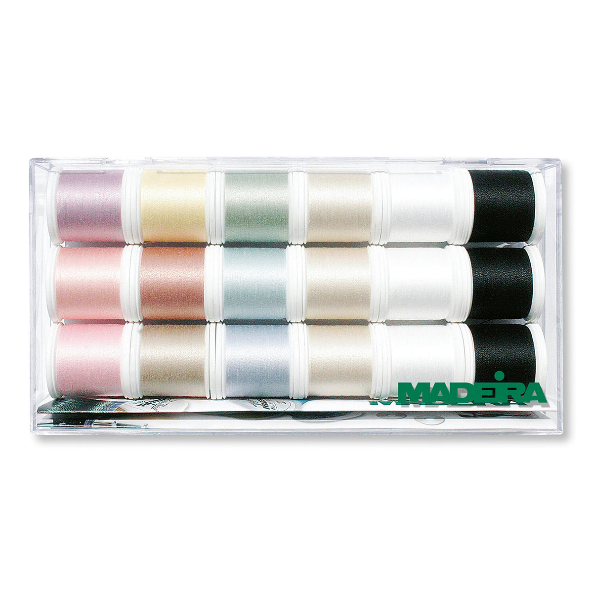 Clear box of eighteen Madeira Cotona No.80 cotton thread spools