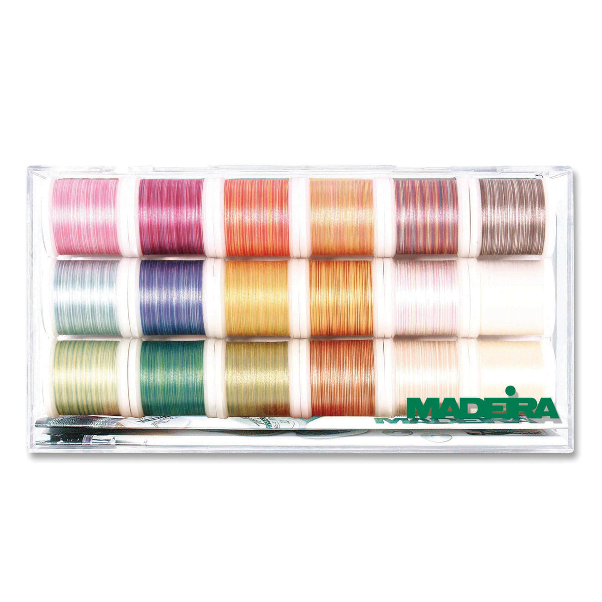 Clear box of eighteen Madeira Cotona No.50 cotton thread spools