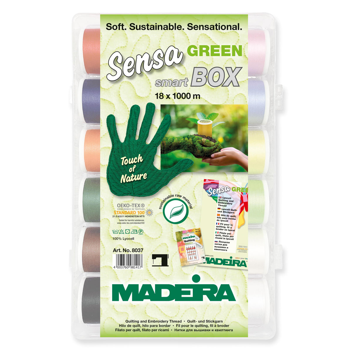 Madeira Smartbox of eighteen Sensa Green No.40 embroidery thread spools