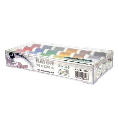 Clear box of eighteen Madeira Rayon No.40 embroidery thread spools