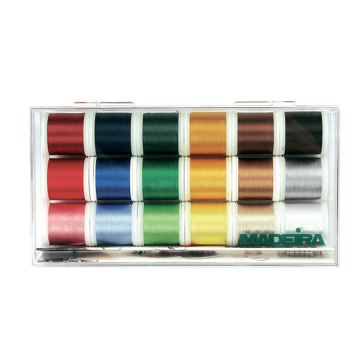 Clear box of eighteen Madeira Rayon No.40 embroidery thread spools