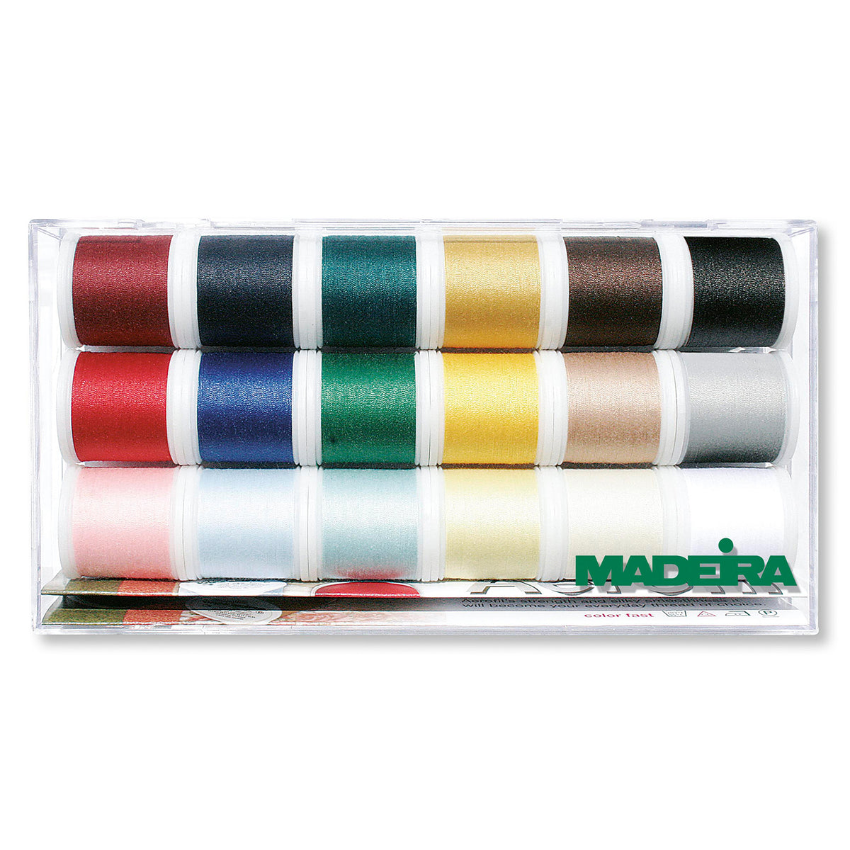 Clear box of eighteen Madeira Aerofil No.120 thread spools
