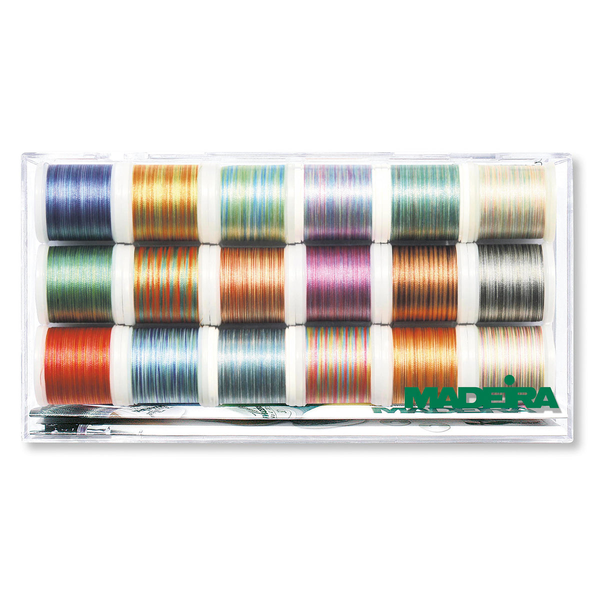 Clear box of eighteen Madeira Polyneon No.40 multicolour thread spools